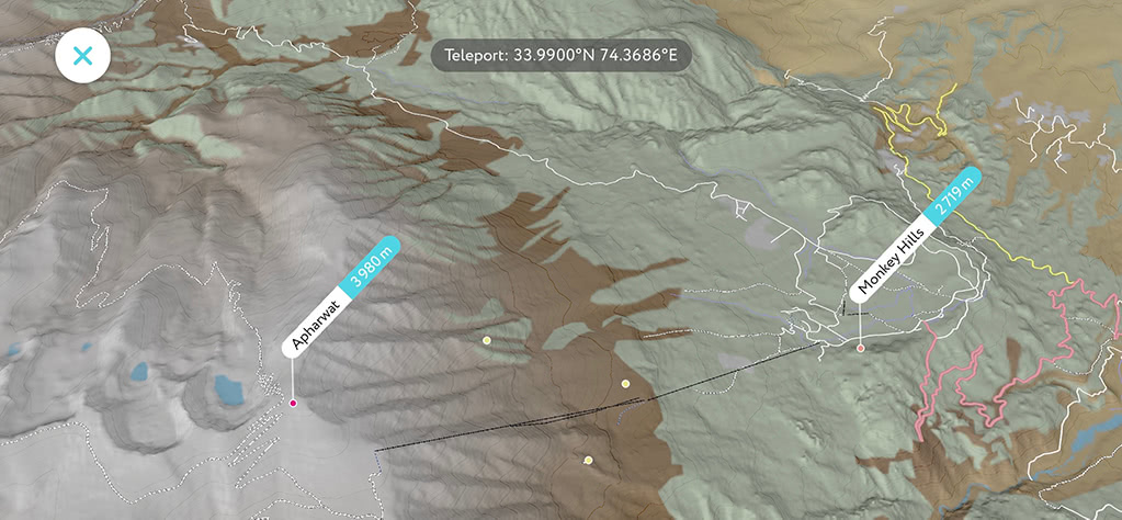 Picco Apharwat e Funivia Gulmarg nella Mappa 3D di PeakVisor
