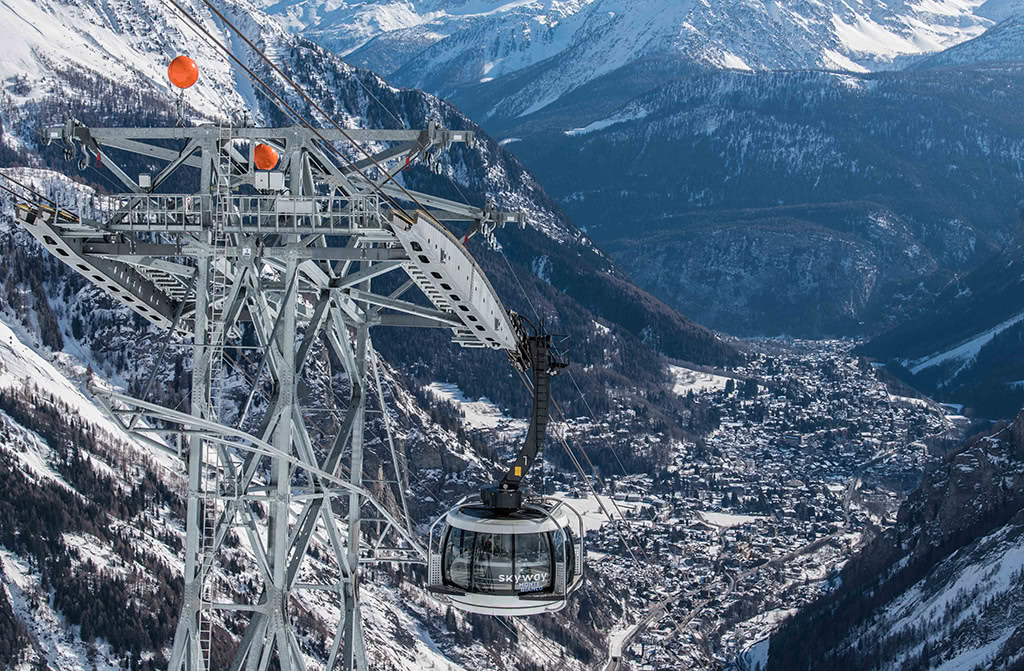 The Skyway Monte Bianco and views of Courmayeur in the distance