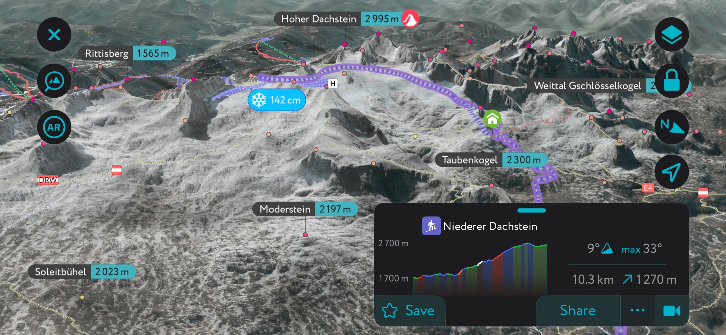 Dachstein Massif using PeakVisor’s mobile app. Dachstein Mountains