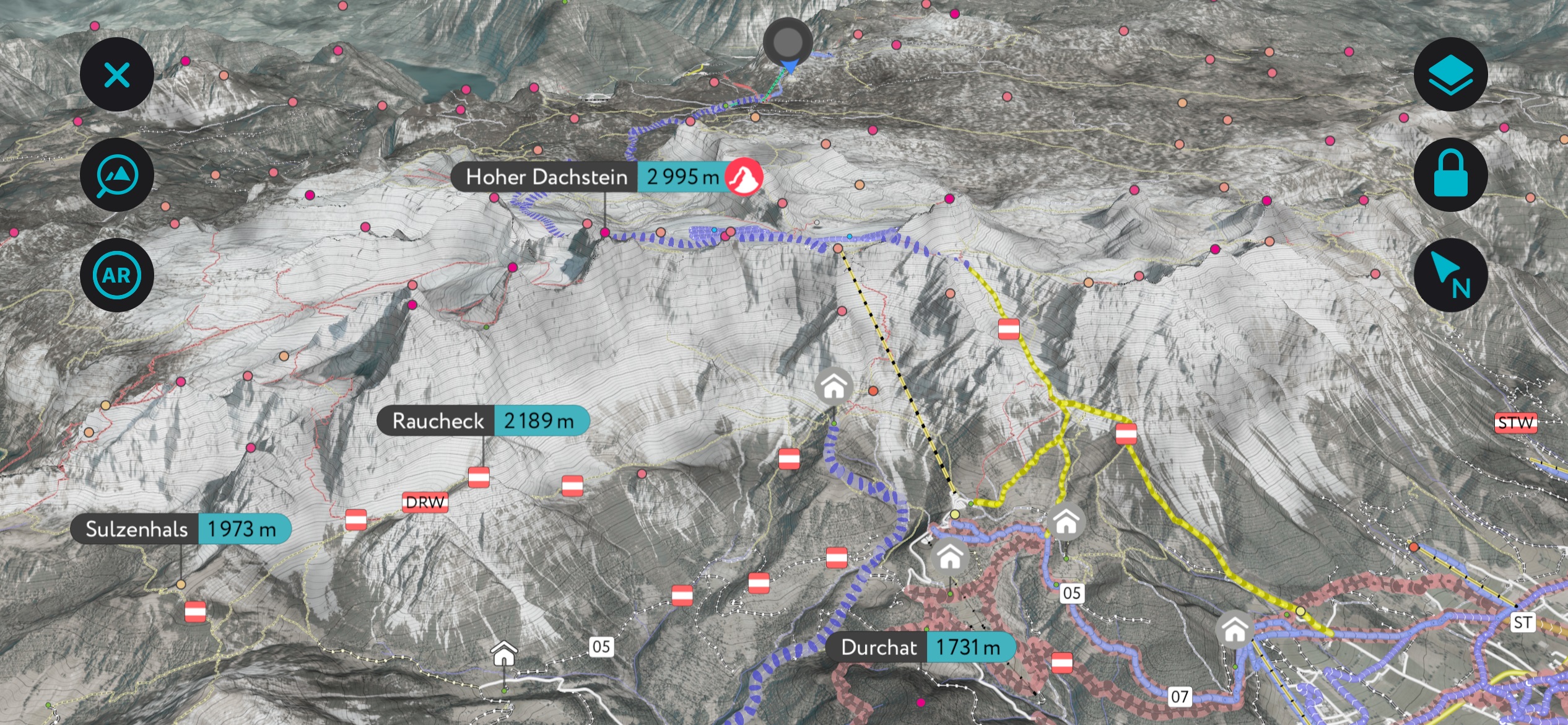 Dachstein Massif in Winter Mode using PeakVisor’s mobile app. Dachstein Mountains
