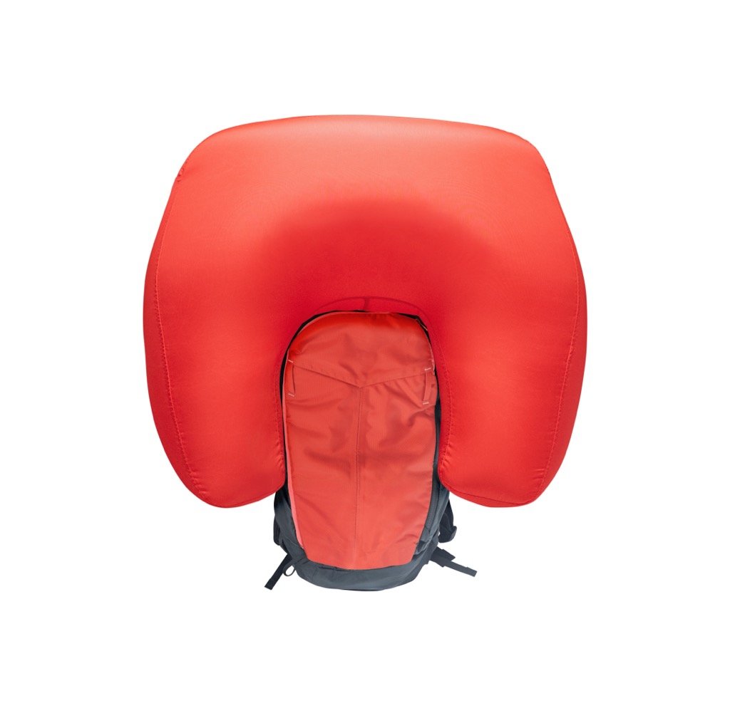An inflated avalanche airbag. Avalanche Safety