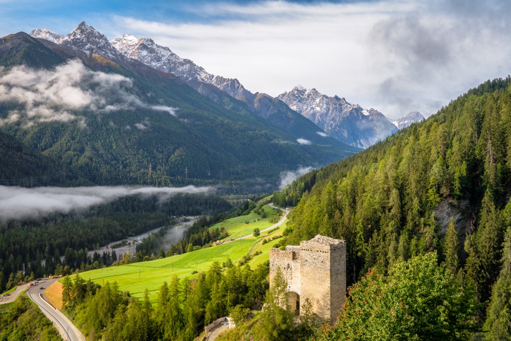 The Silvretta Alps with the 12th-century Tschanüff Castle in the foreground. Silvretta Alps