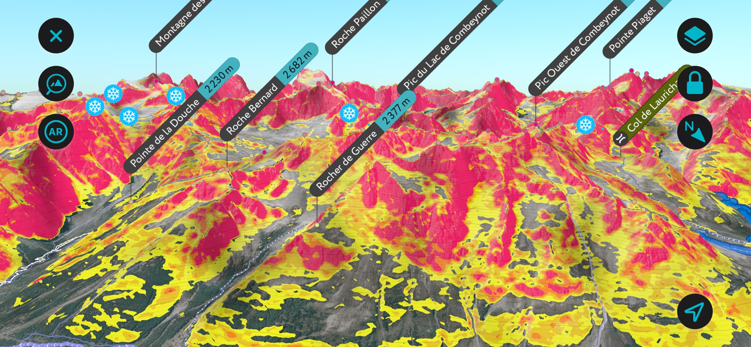 The Secrets to Finding the Best Snow Off-Piste. The North Faces of the Écrins zoomed out using PeakVisor’s pitch tool. The deeper the red colors, the steeper the terrain.