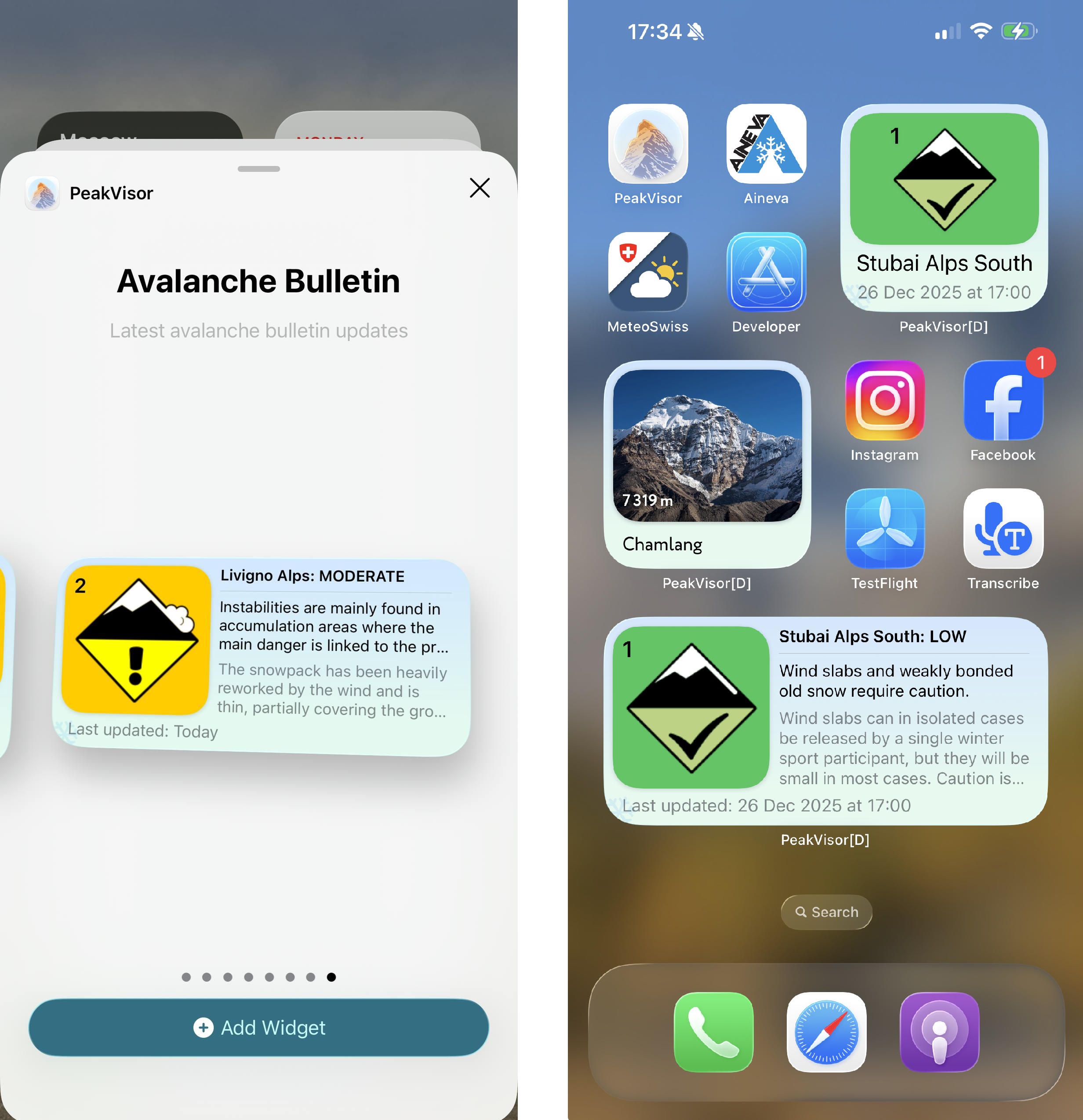 Avalanche bulletin widget on mobile screenshot 1
