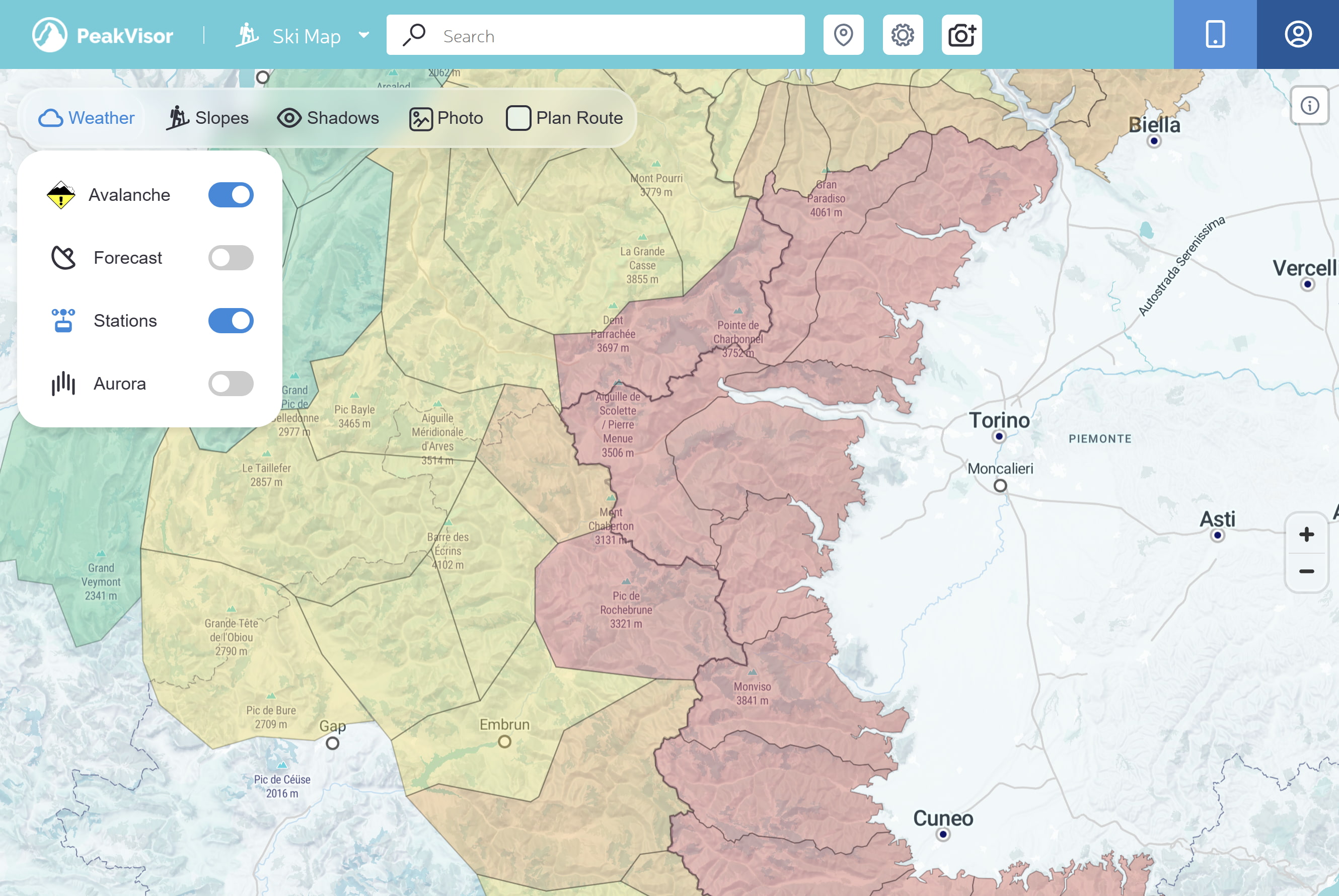 Avalanche bulletin overlay and popup on the PeakVisor map