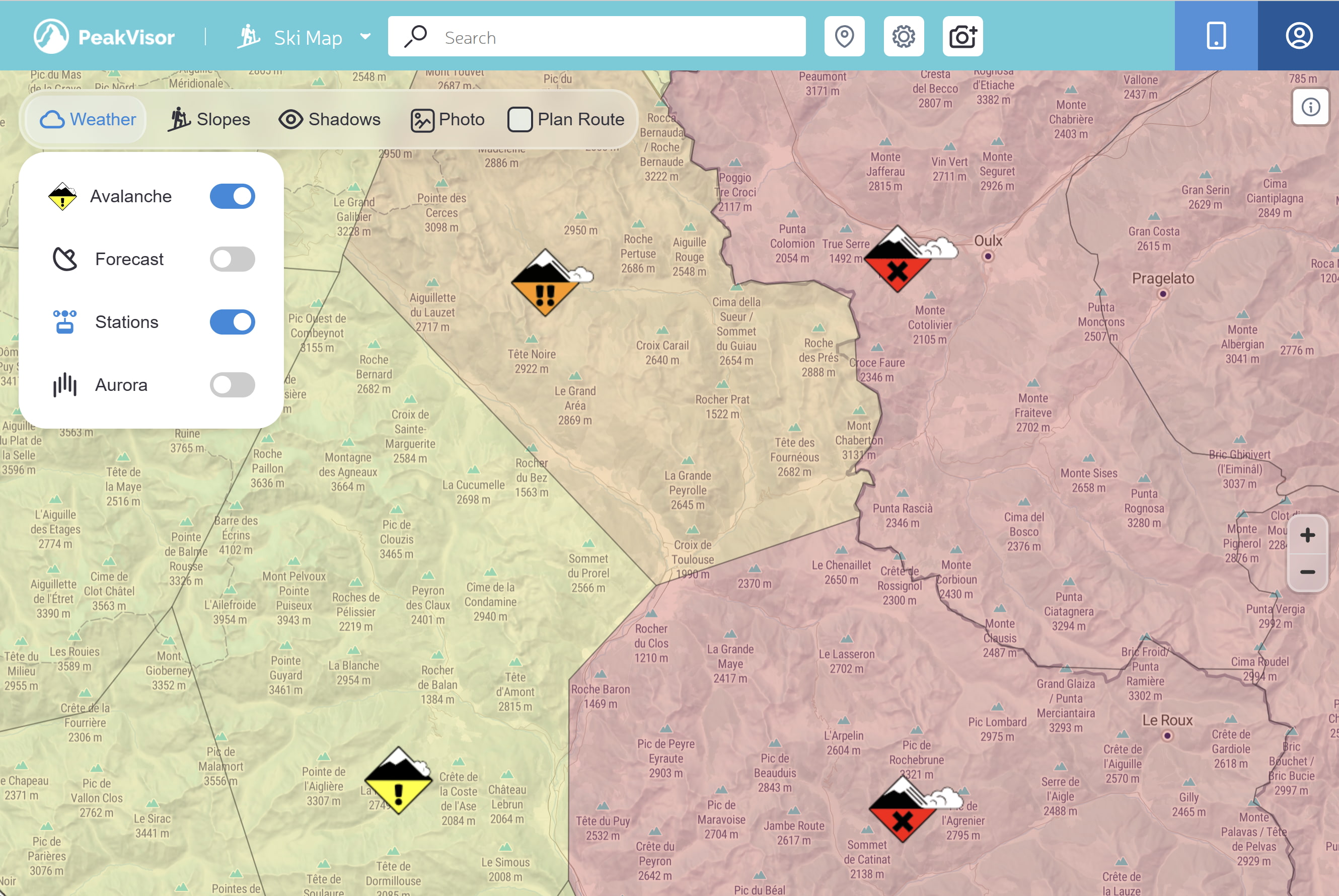 Avalanche overlay enabled on the map