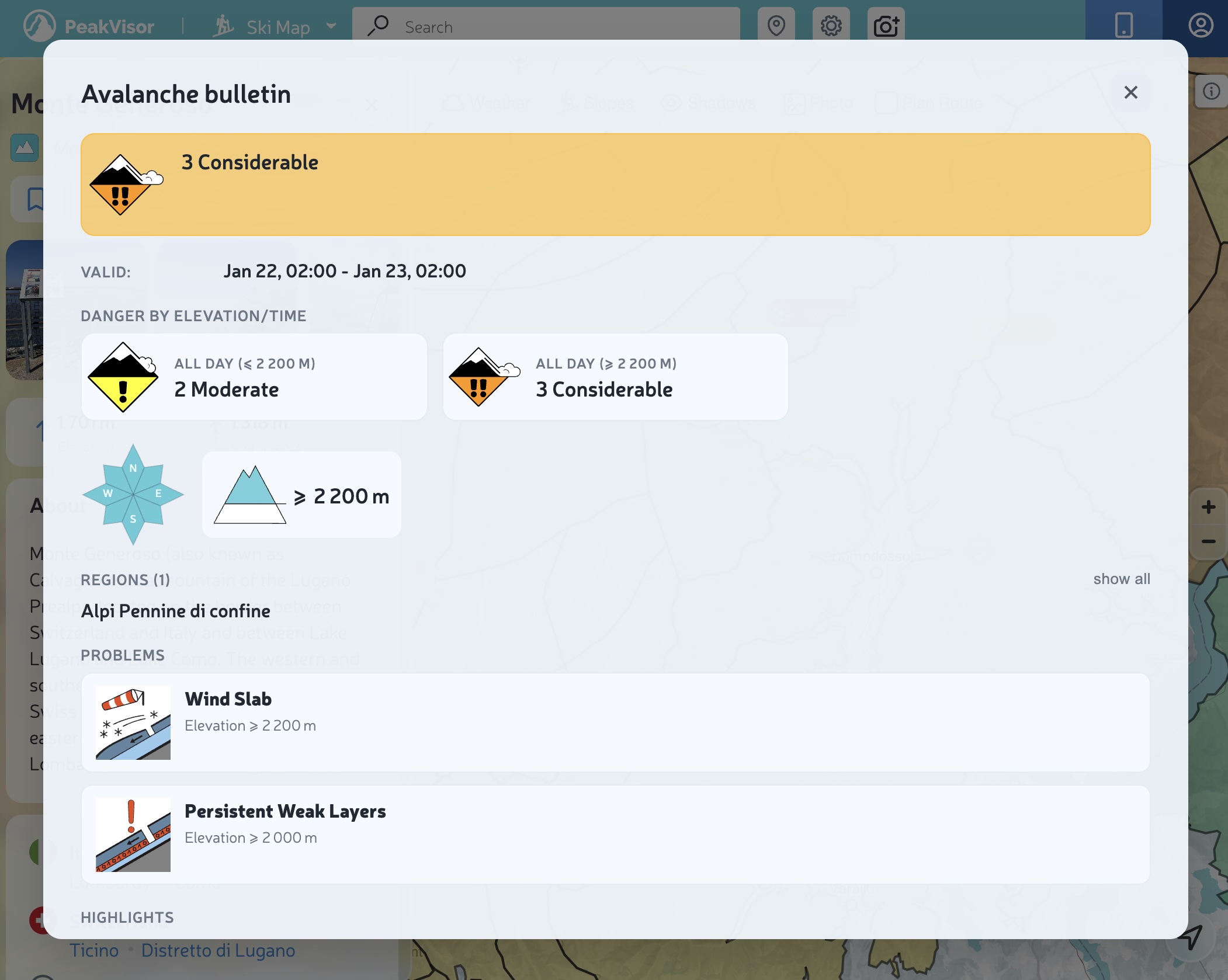 Avalanche bulletin popup with danger grid and problems
