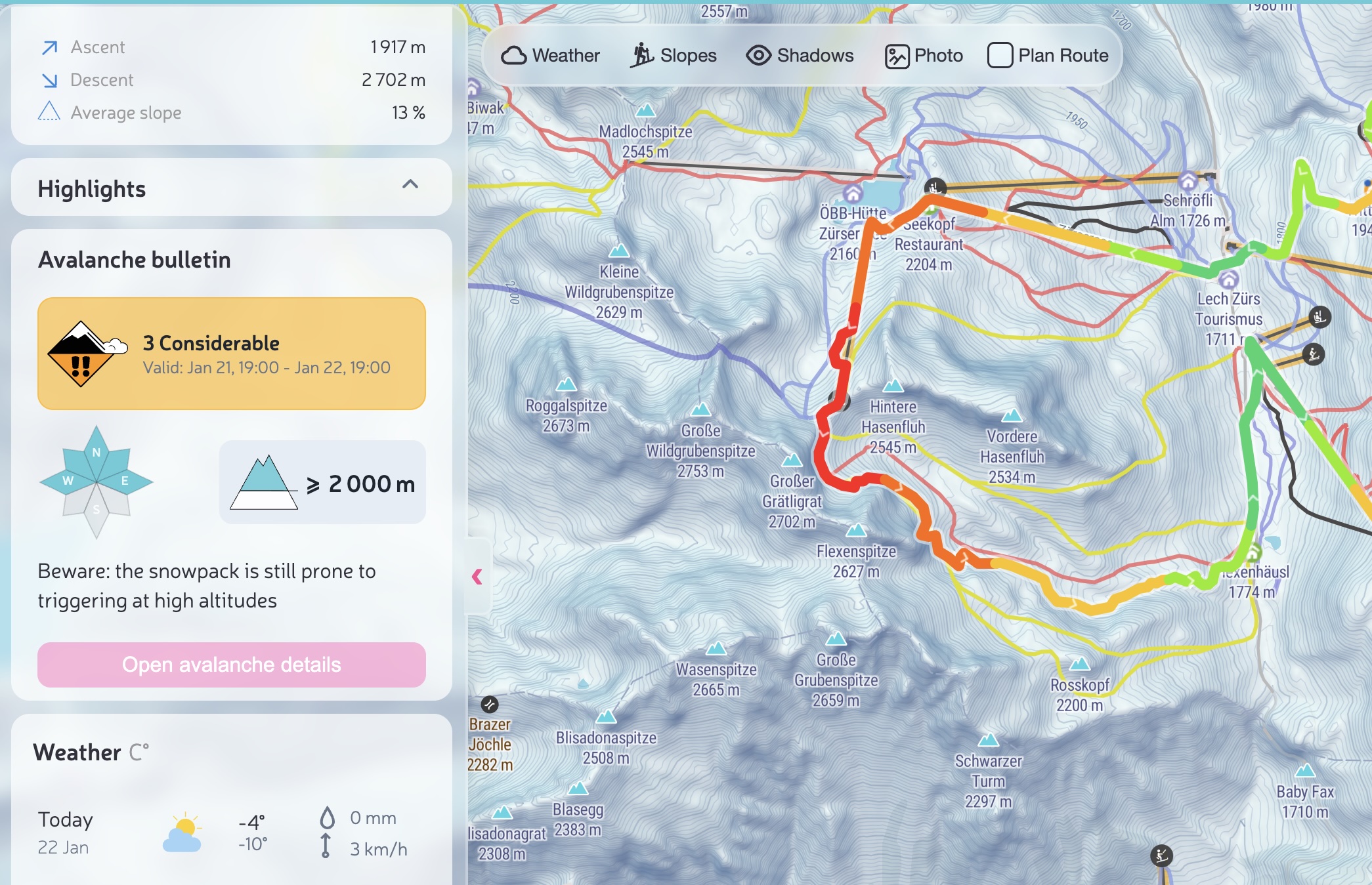 Sidebar avalanche bulletin summary with Open avalanche details button