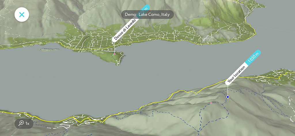 科莫湖的 3D 地图：多索迪拉维多山（Dosso di Lavedo hill）上的巴比安内罗别墅