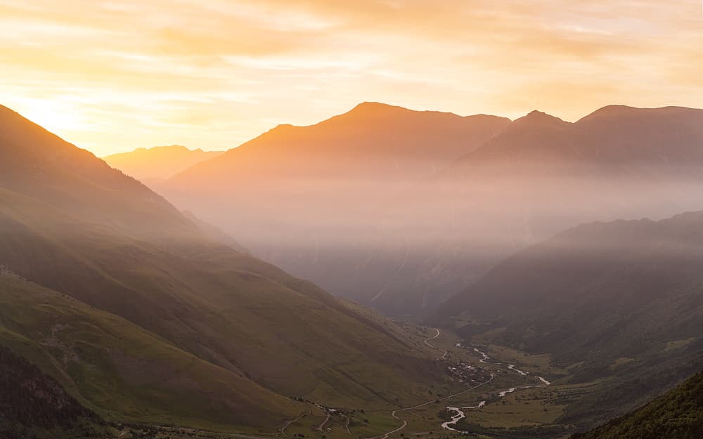 Sunrise in the Digoria gorge. Alania National Park