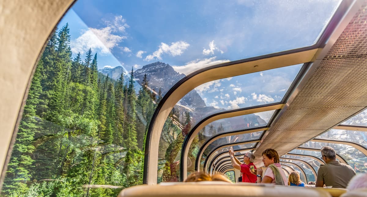 Rocky Mountaineer train traveling through the Rocky Mountains, Banff National Park
