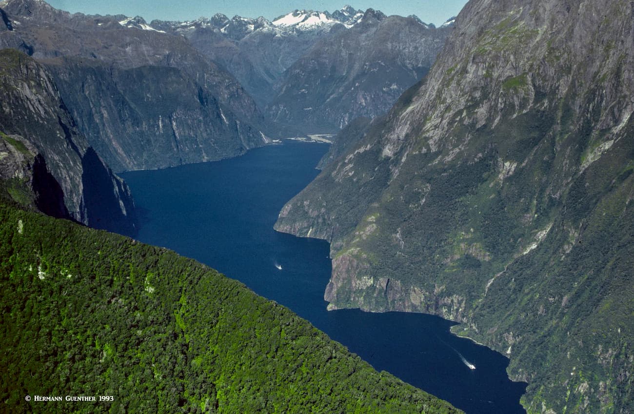 Milford Sound from above, Airport at far end of the Sound