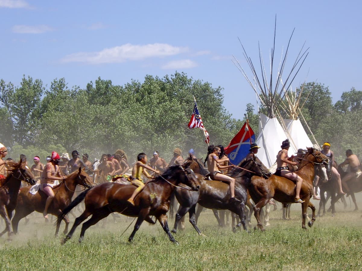 Reenactment by Cavalry soldiers and American Indians