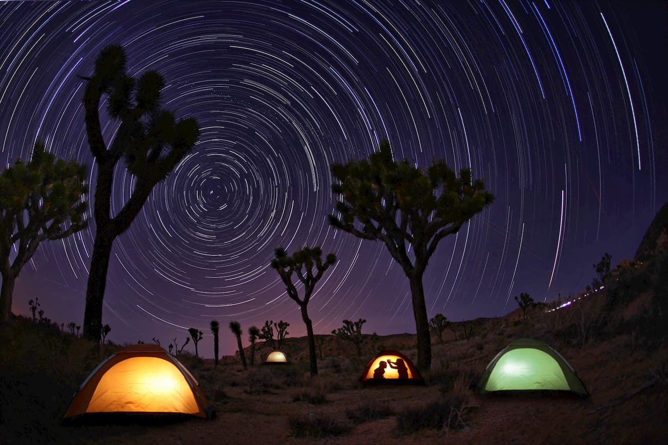 Illuminous Light Painted Landscape of Camping and Stars in Joshua Tree National Park