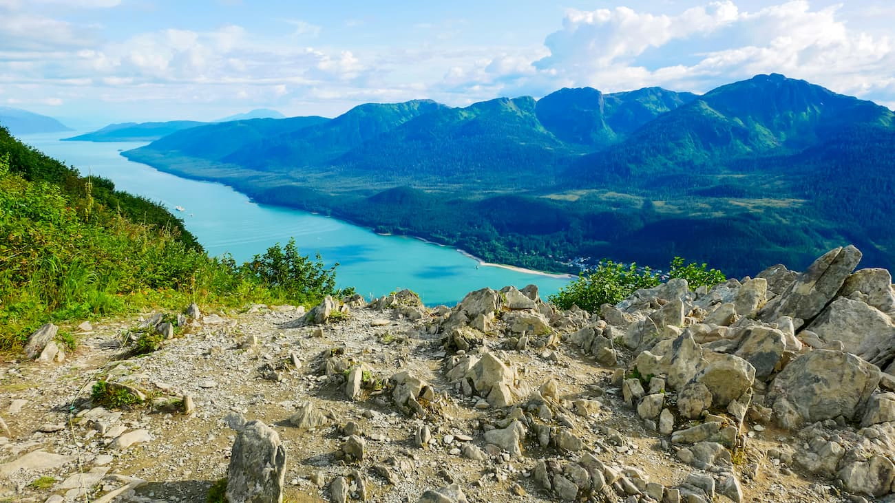 View of Gastineau Channel and Douglas Island from the top of Mt Roberts in Juneau