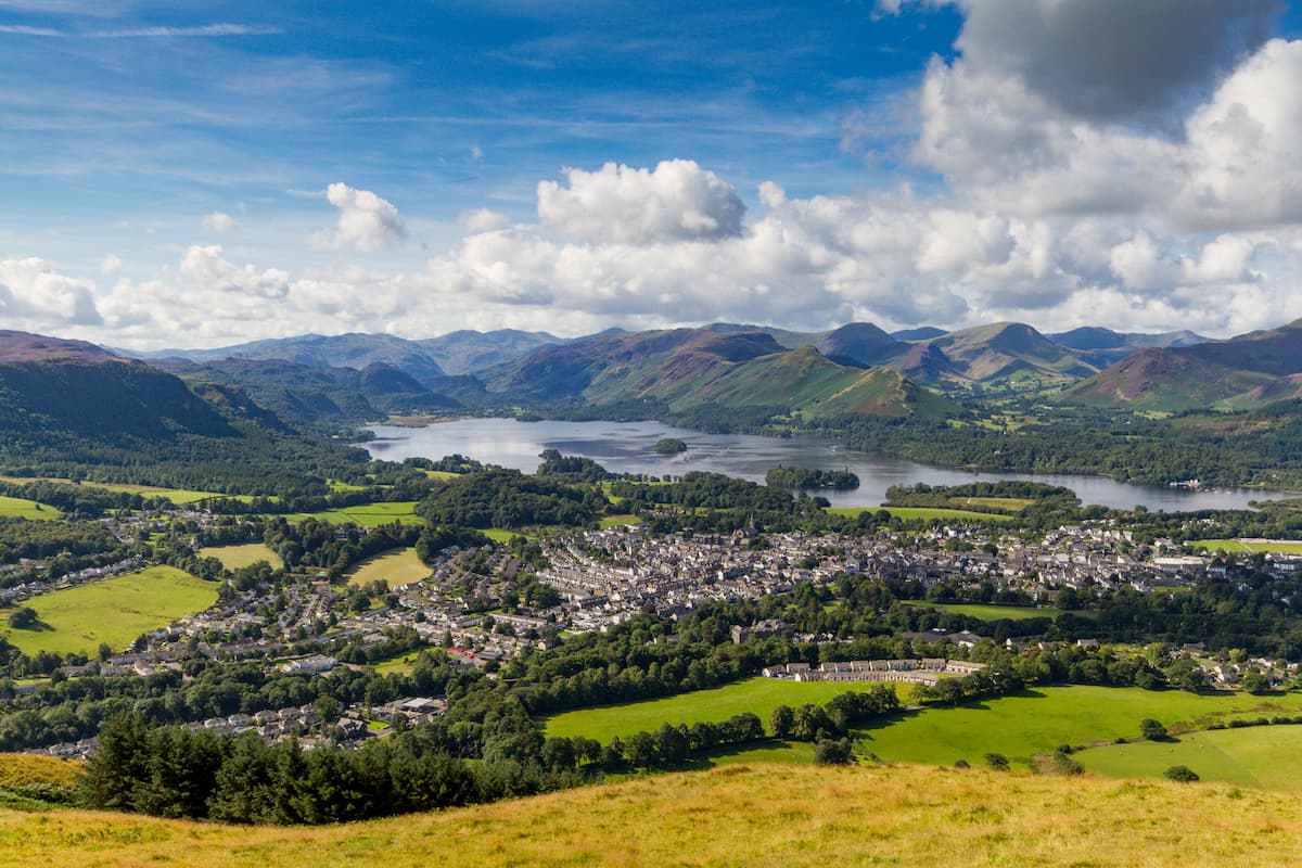 View of Keswick and lake Derwent Water from Latrigg, Cumbria, England