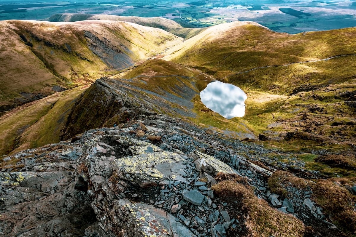 The view of Scales Tarn from Sharp Edge, Blencathra, English Lake District