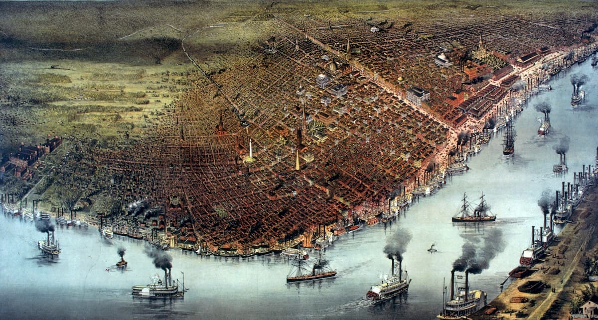 Birds' eye view of New-Orleans in 1880, with dense riverboat traffic on the Mississippi River