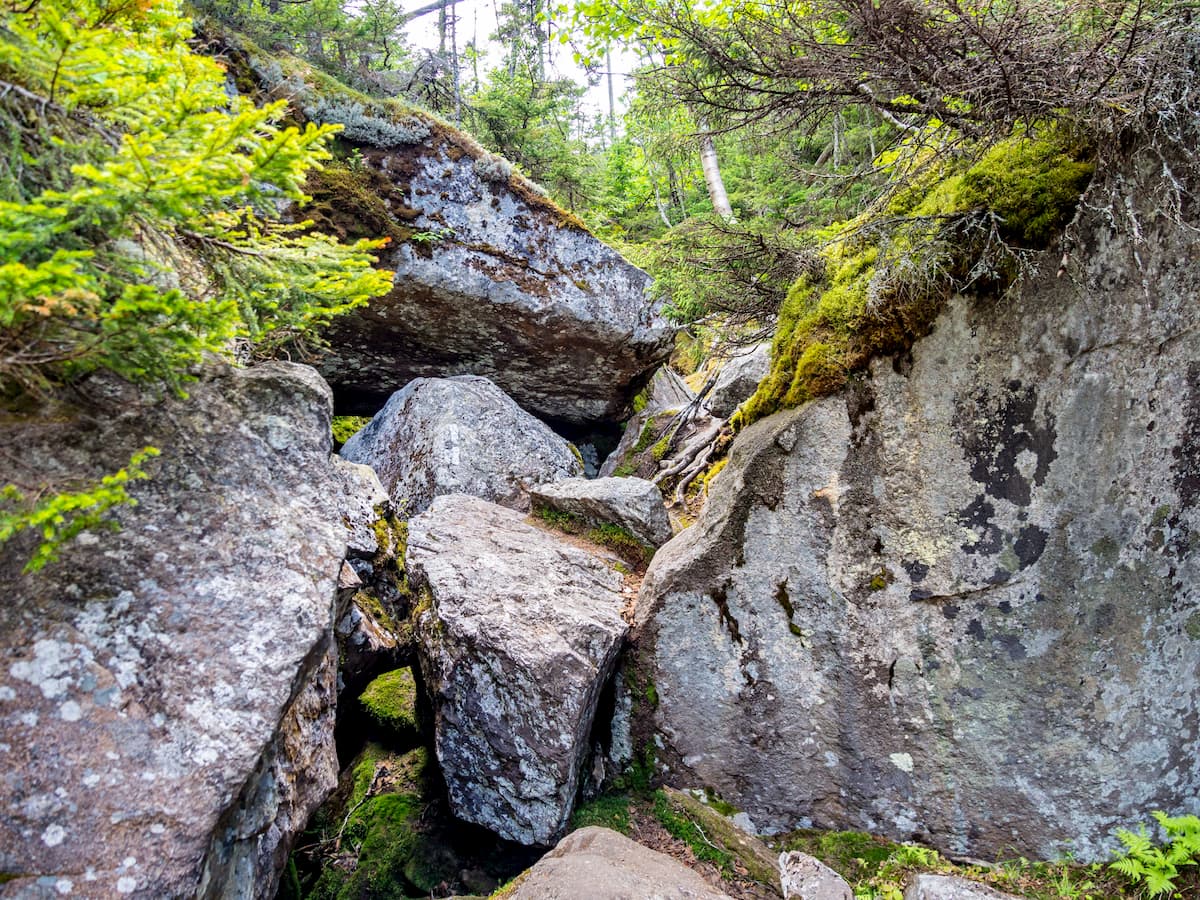 Boulder filled ravine, a rock scramble section in Mahoosuc Range