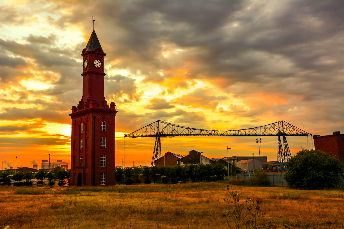 Old Bell Tower and The transporter bridge, Middlesbrough. Englsnd