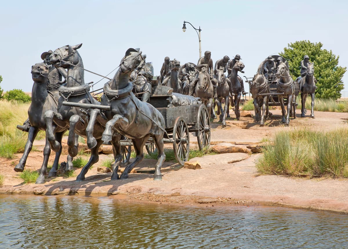 Bronze statues that are part of the Centennial Land Run Monument in Bricktown, Oklahoma