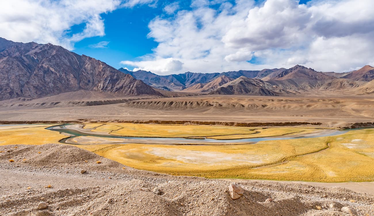 Pamir Highway M41 Murgab River Valley with Picturesque View of Mountain Landscape