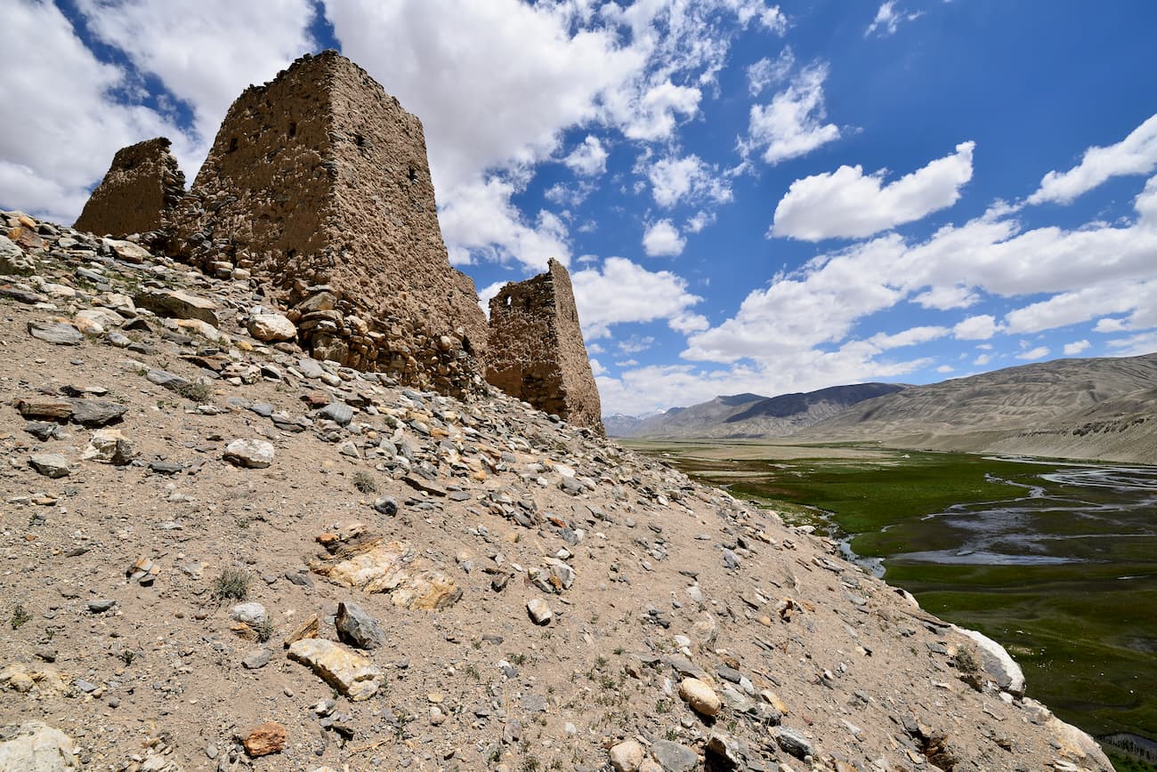 View on the remote Shakhdara Valley in the Pamir mountain, Ruin old fortress