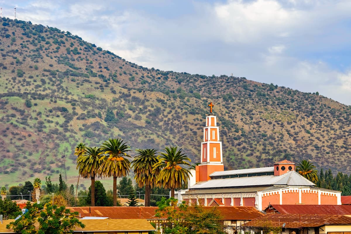Pink church with one cross in Pelequen near Rancagua, Chile