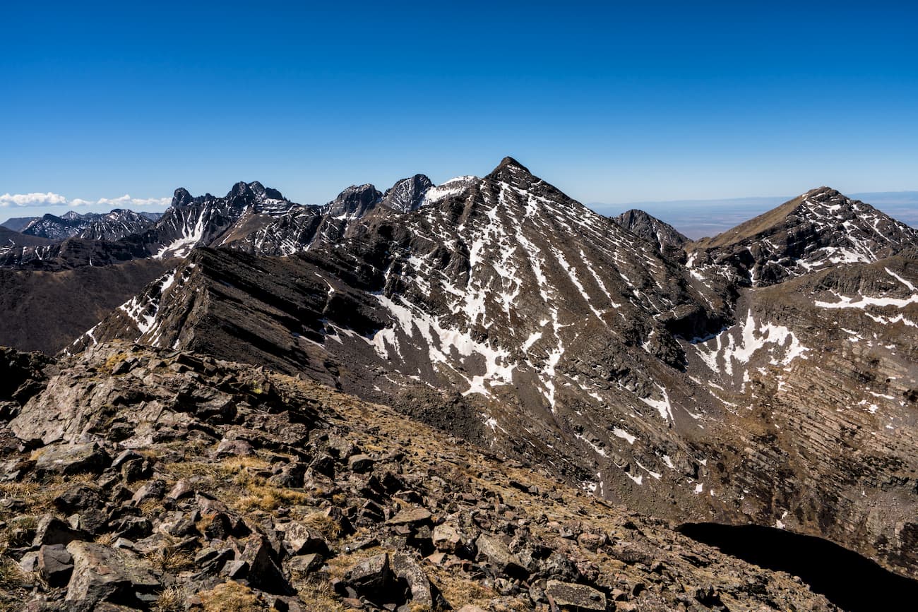 Mount Adams, North Crestone Lake seen from Fluted Peak - Crestones at far left