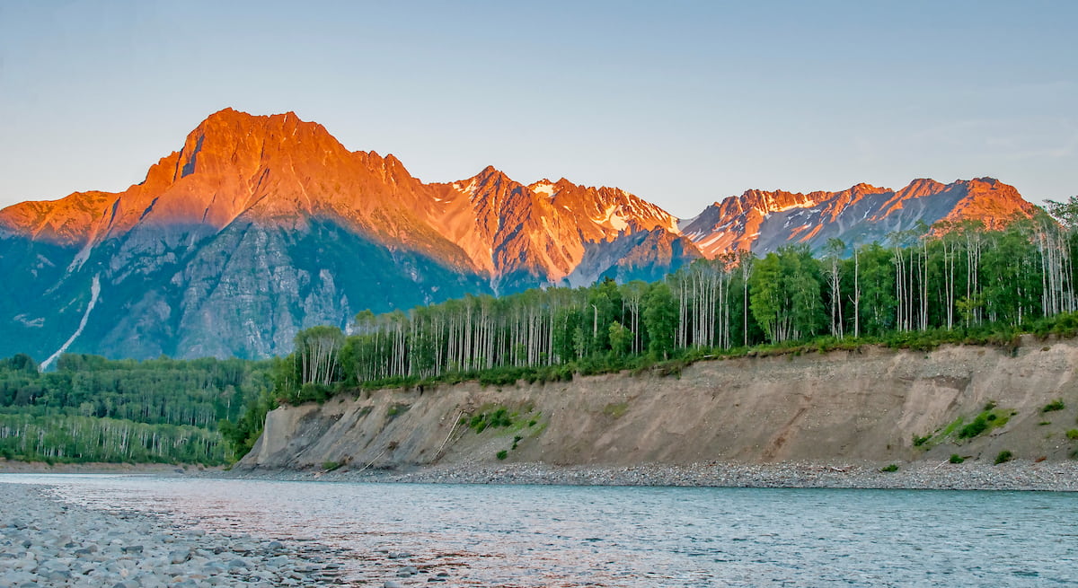 Sun sets on Roche de Boule Mountain. Skeena Mountains