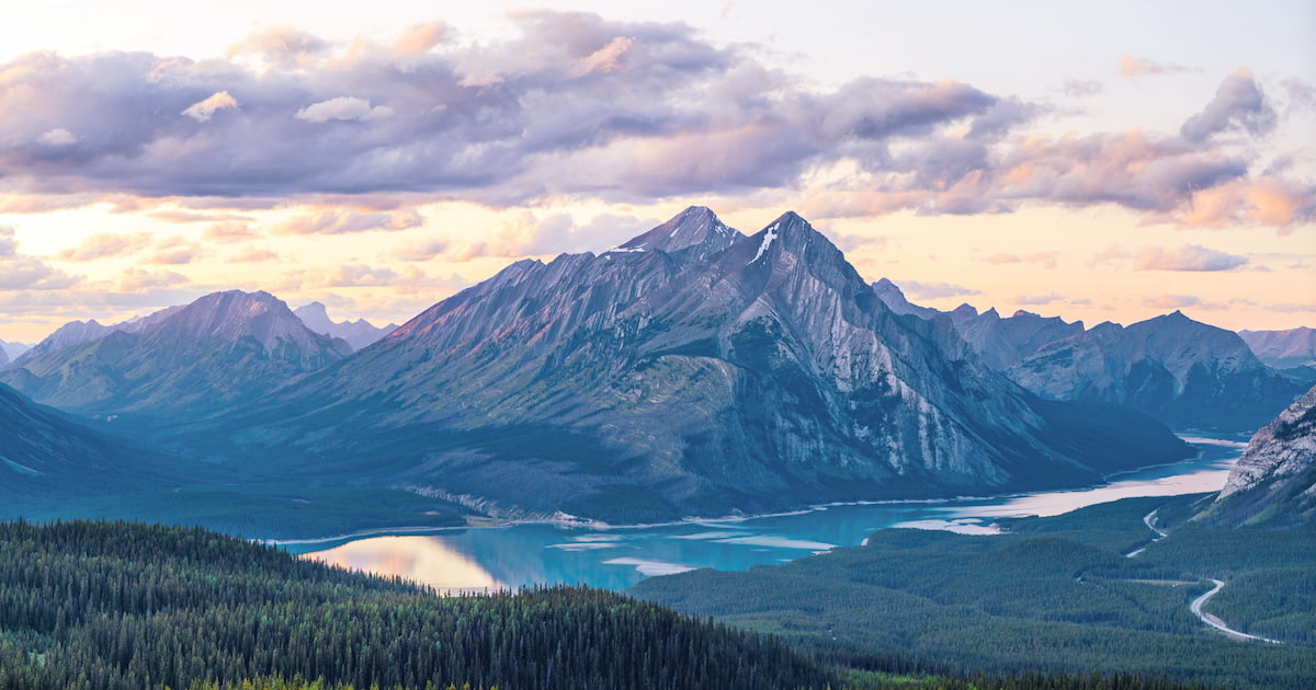 Sunset with the Peaks Rising Above Spray Lakes Reservoir, British Columbia