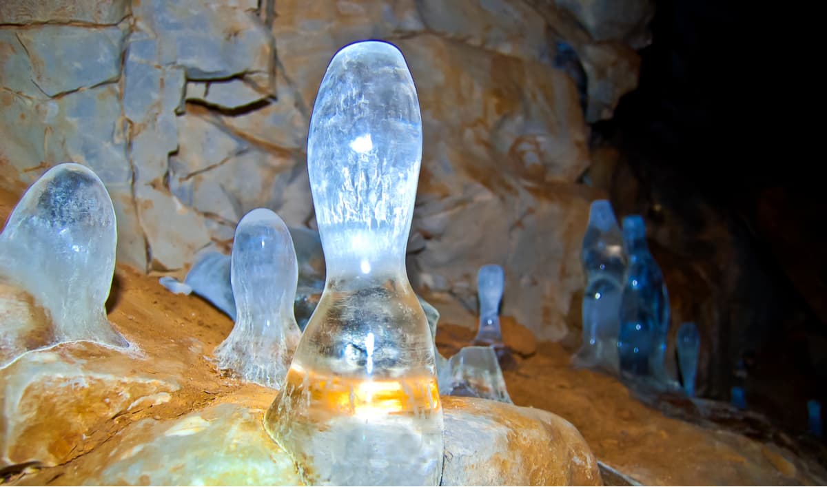 Natural Park Deer Streams Sverdlovsk Region. Marble and ice formations of the cave Friendship