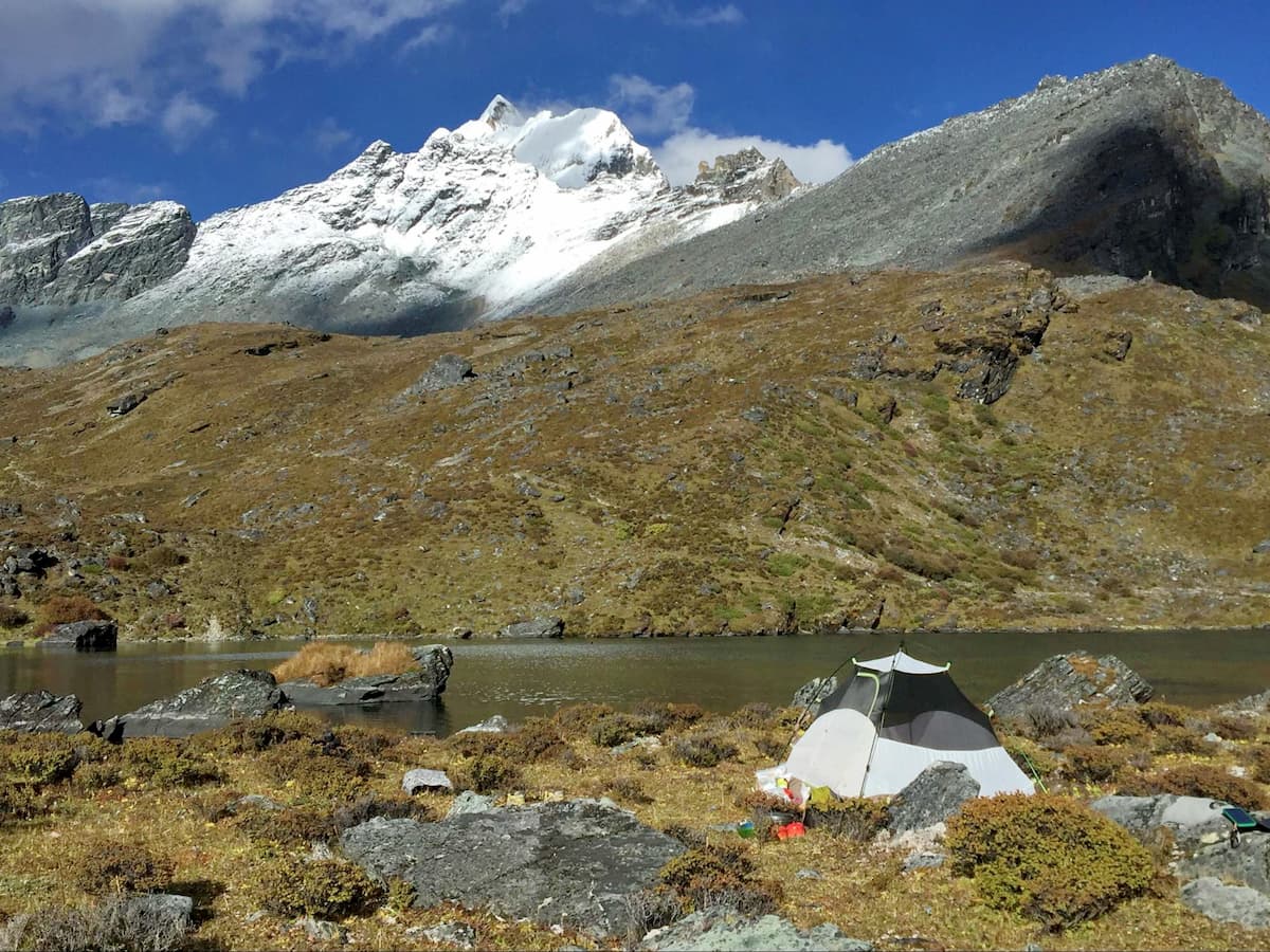 Lakeside campsite above Joseph Rock’s Rock, Yading Nature Reserve, China