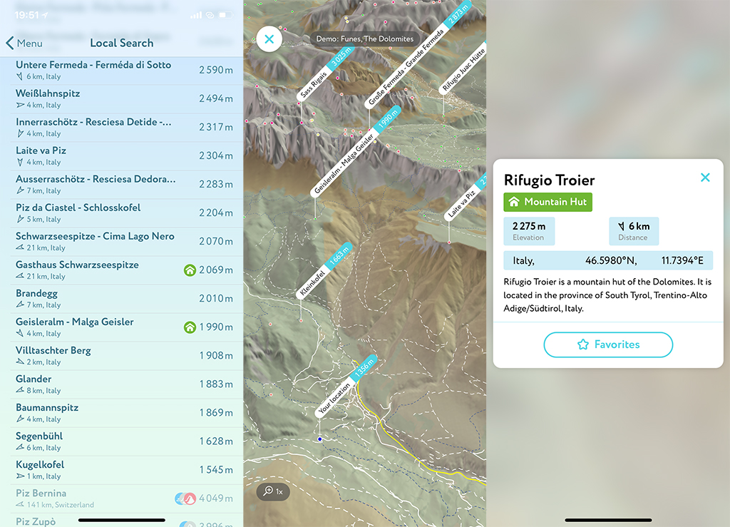 Local Search, 3D map with labels, and an information popup.