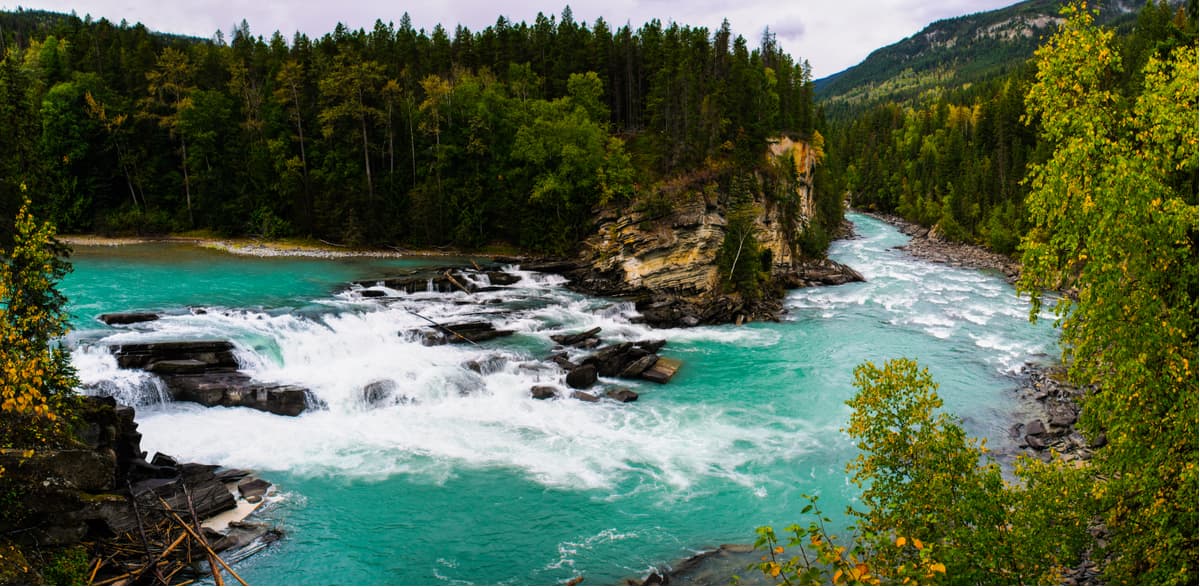 Waterfall and river views of the scenic Frasier River, Mount Robson Provincial Park