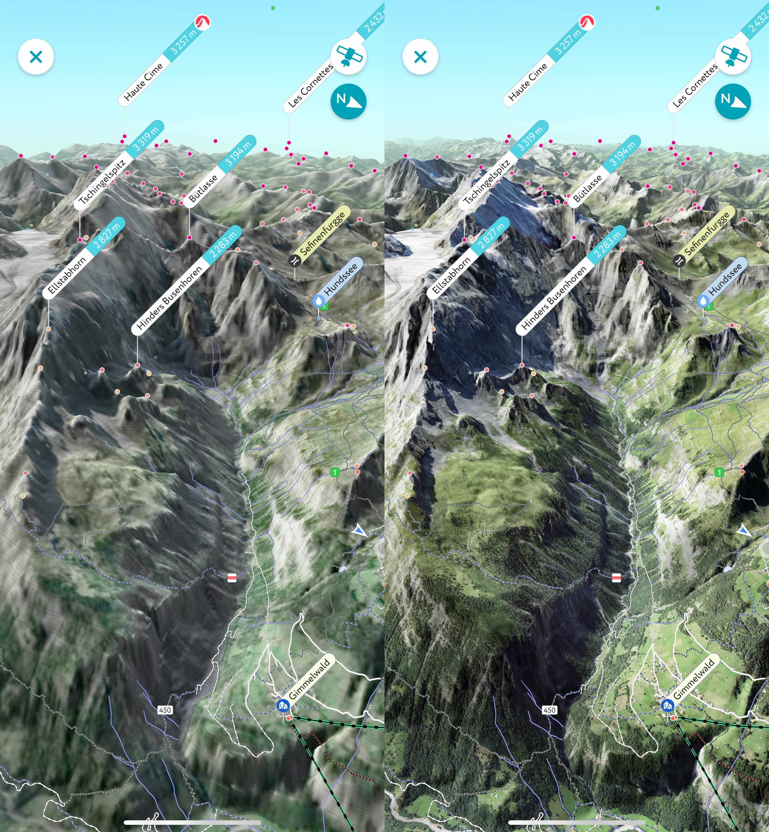 Screenshots: old 3D maps (10m per pixel) vs new ones (1m per pixel)