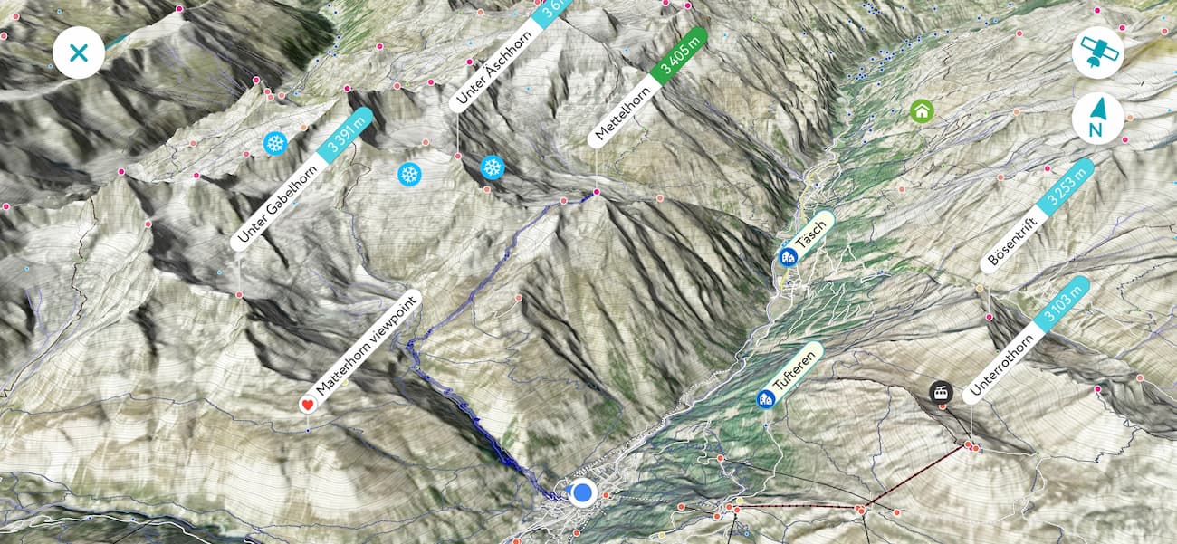 Zermatt 3D map: route to Mettelhorn