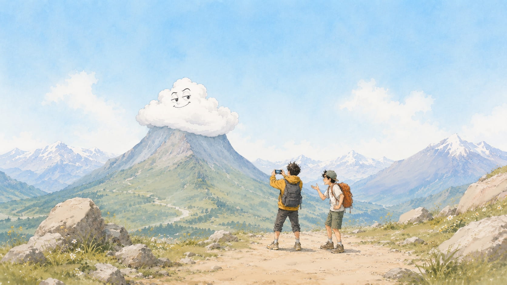 A single smiling cloud parked directly on top of the one mountain, while two hikers photograph it