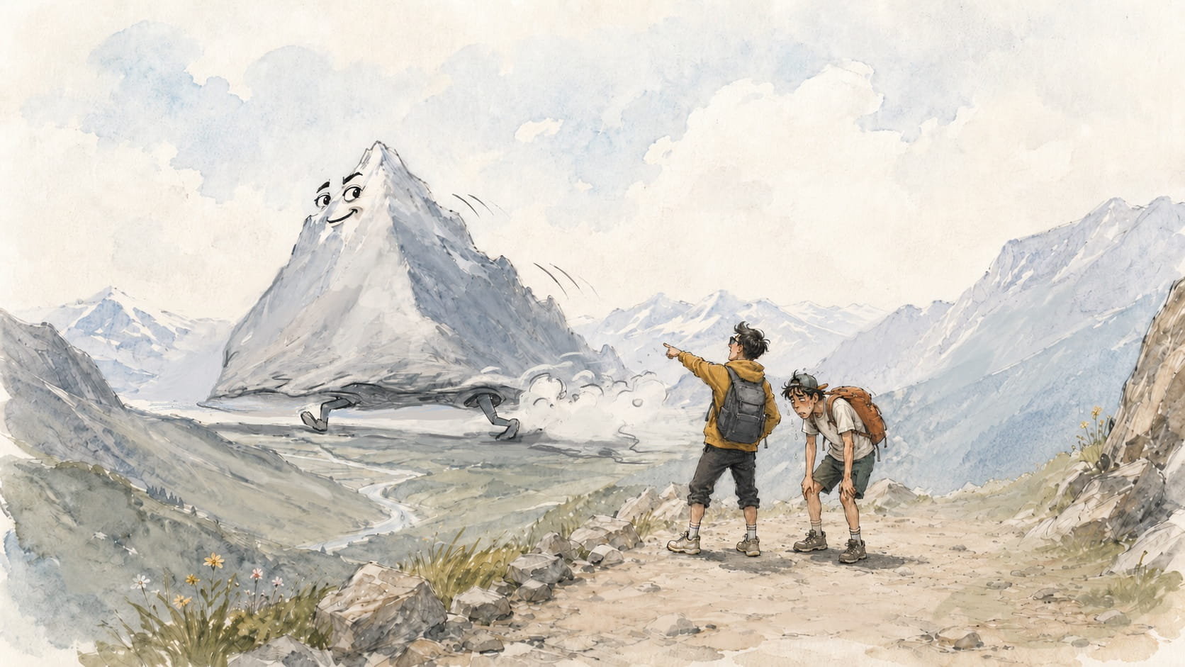 A mountain that has sprouted legs and is running off, while hikers point in disbelief