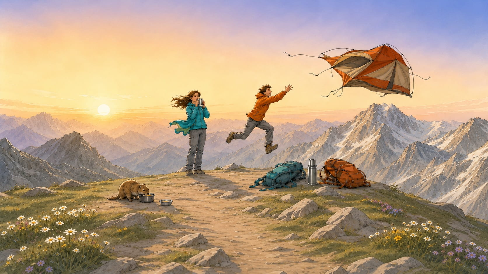 A tent flying off a ridge at sunset while a hiker leaps after it and a marmot watches calmly