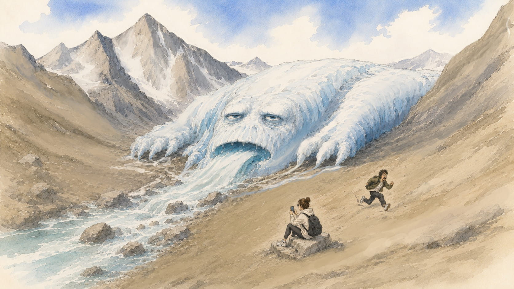 A grumpy ice monster face rising out of a glacier while two hikers scramble away