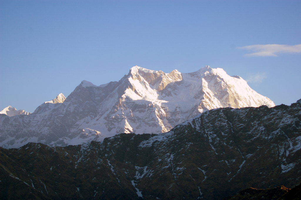 Mount Chaukhamba and woodland, Himalaya ...