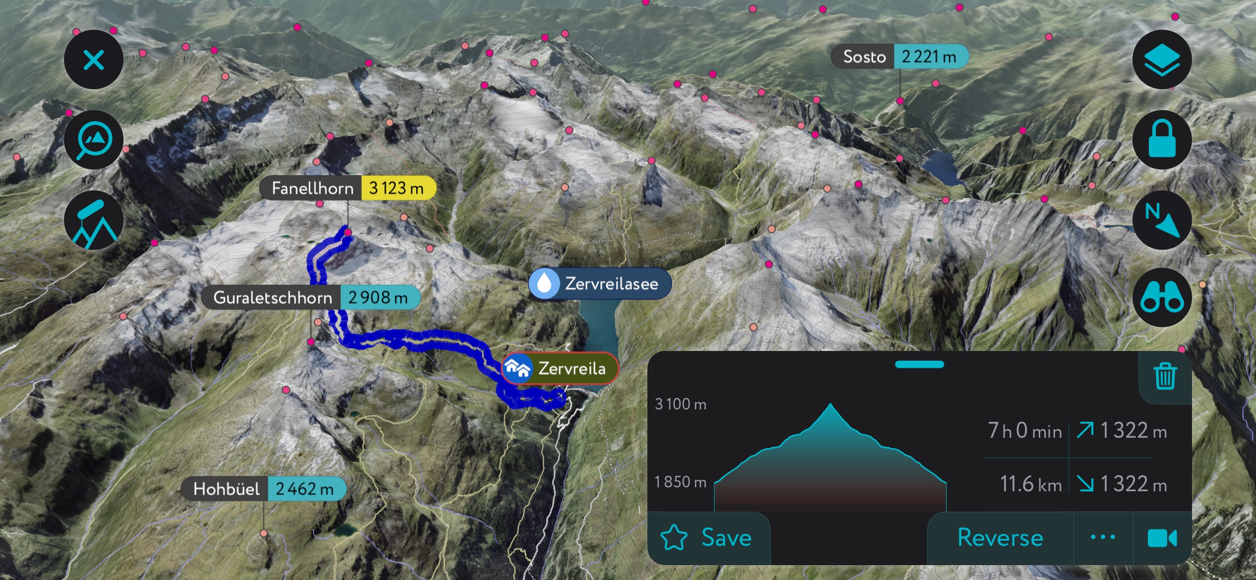A generation of the Fannellhorn in the Albula Alps using PeakVisor’s mobile app. Albula Alps