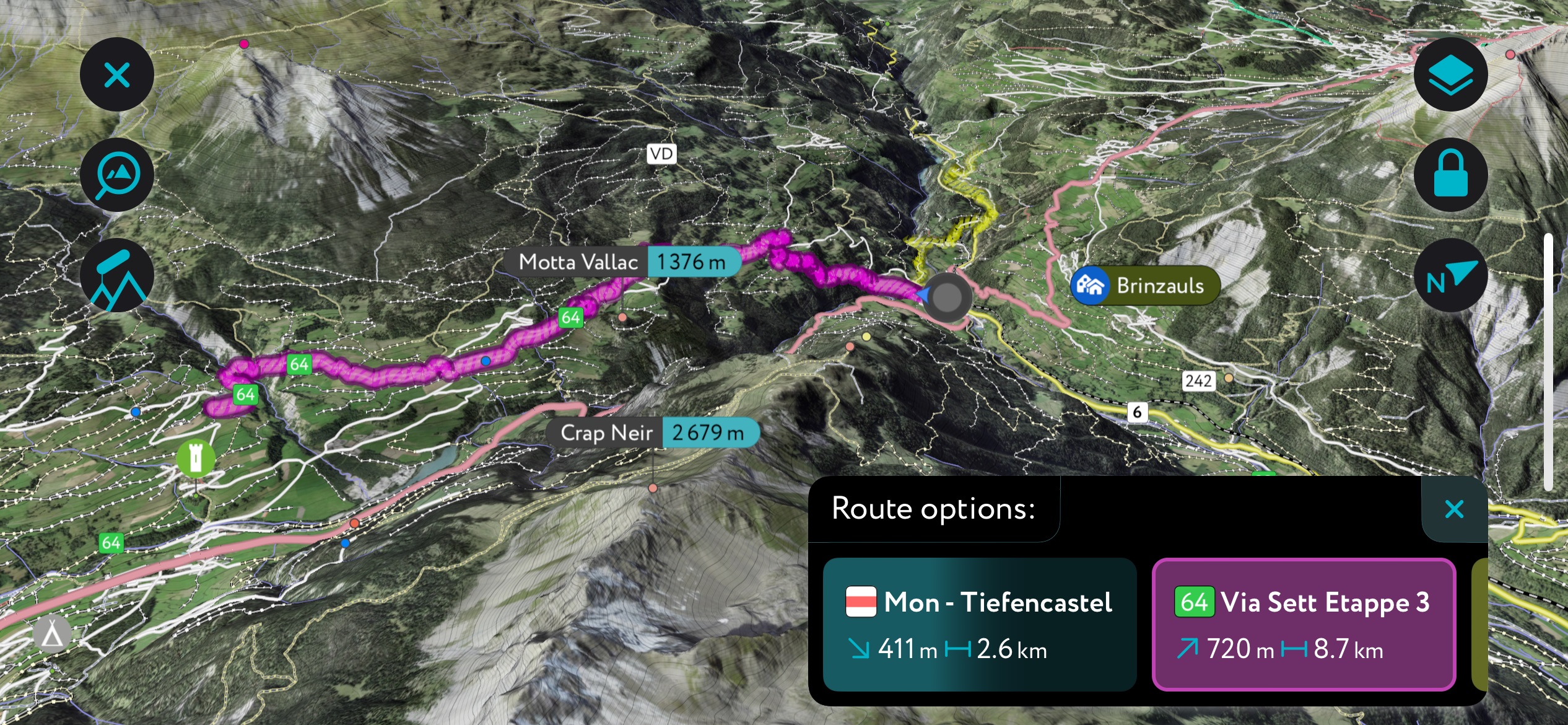 Exploring the route-finding feature of the PeakVisor App. Albula Alps
