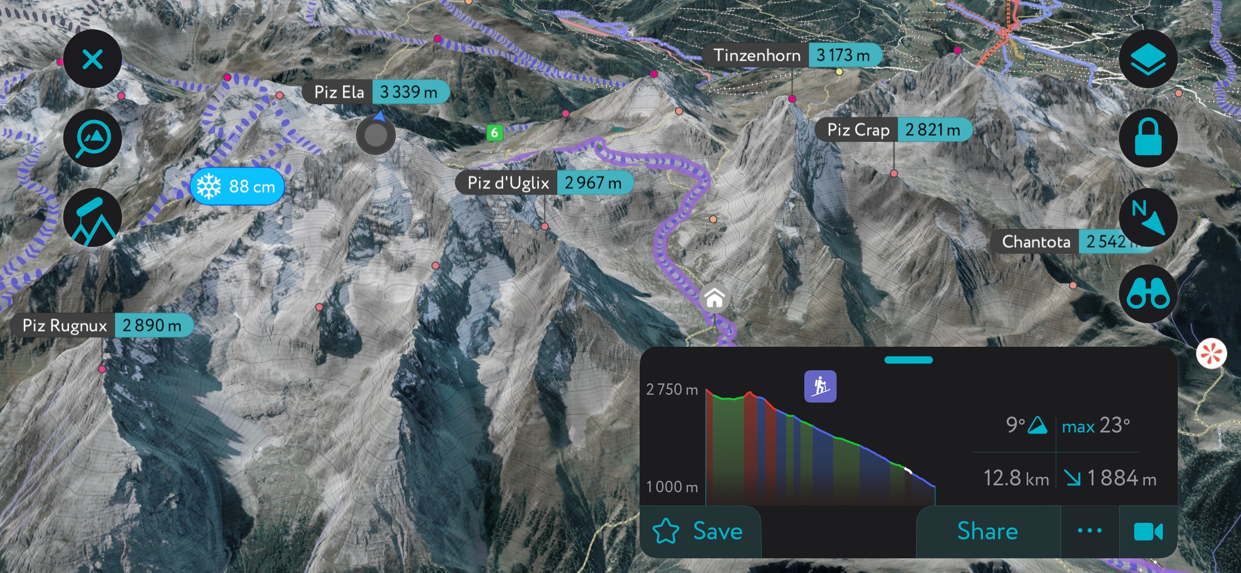 Albula Alps ski tours on PeakVisor’s mobile app in Winter Mode. Albula Alps