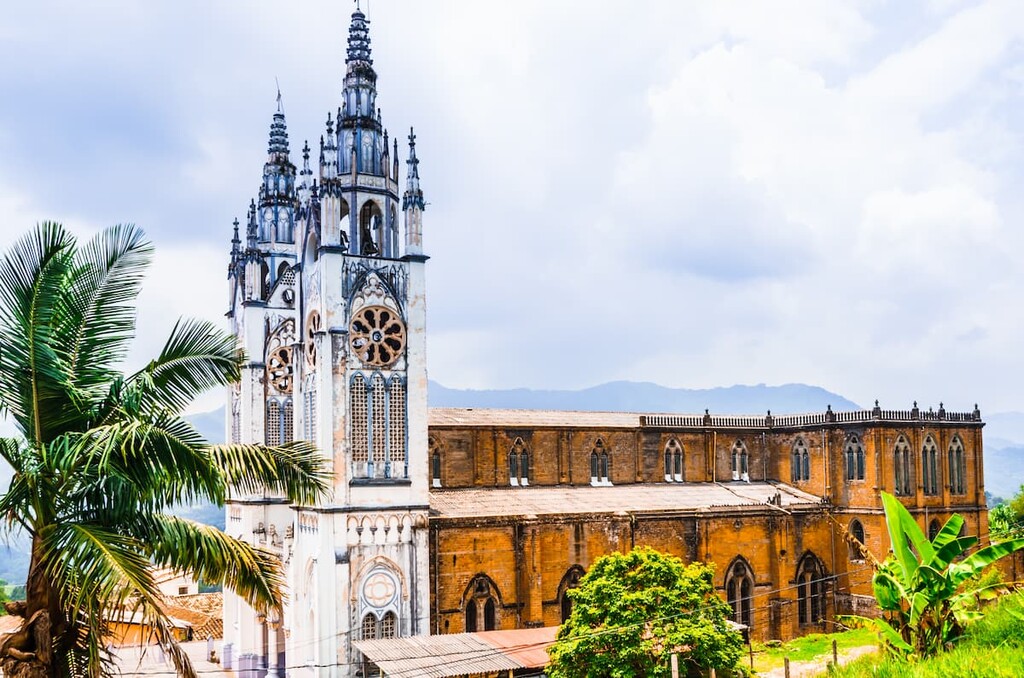 View on th white church in the colonial city of Jerico, Colombia