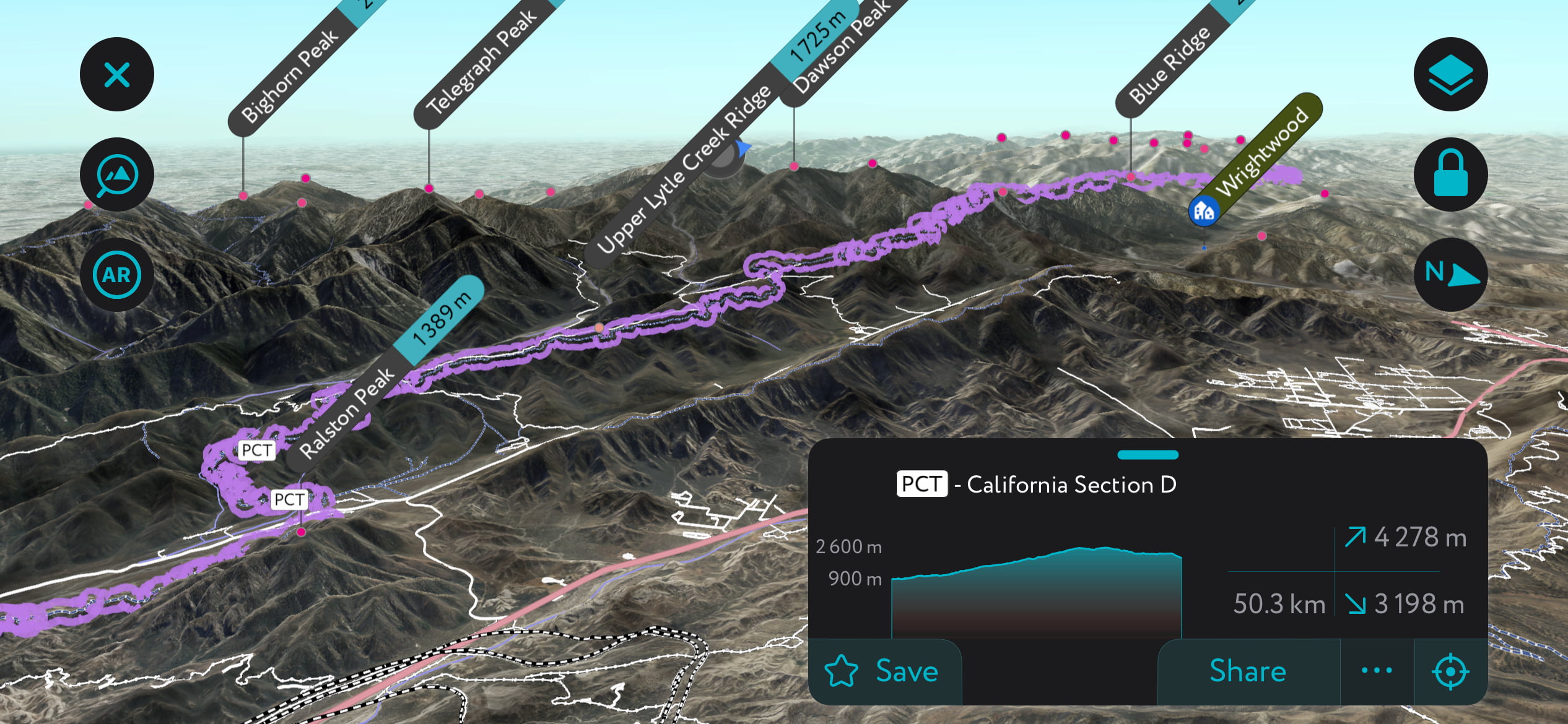 PeakVisor’s mobile app. Angeles National Forest