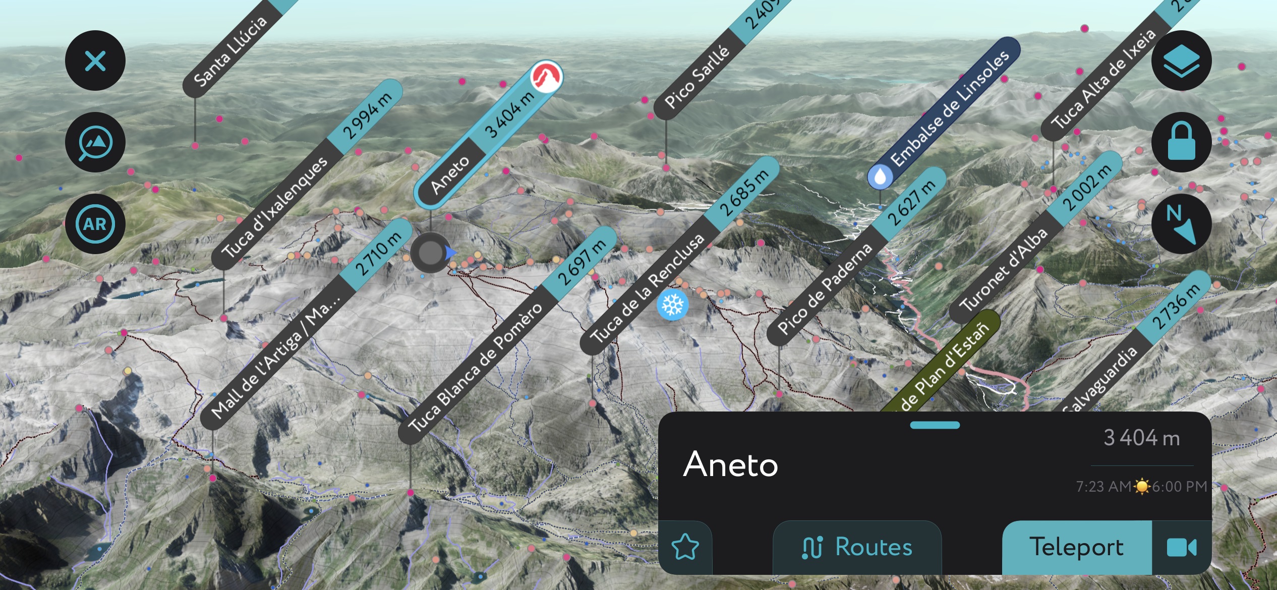 The PeakVisor mobile app’s 3D generation of the Maladeta Massif. Aragon