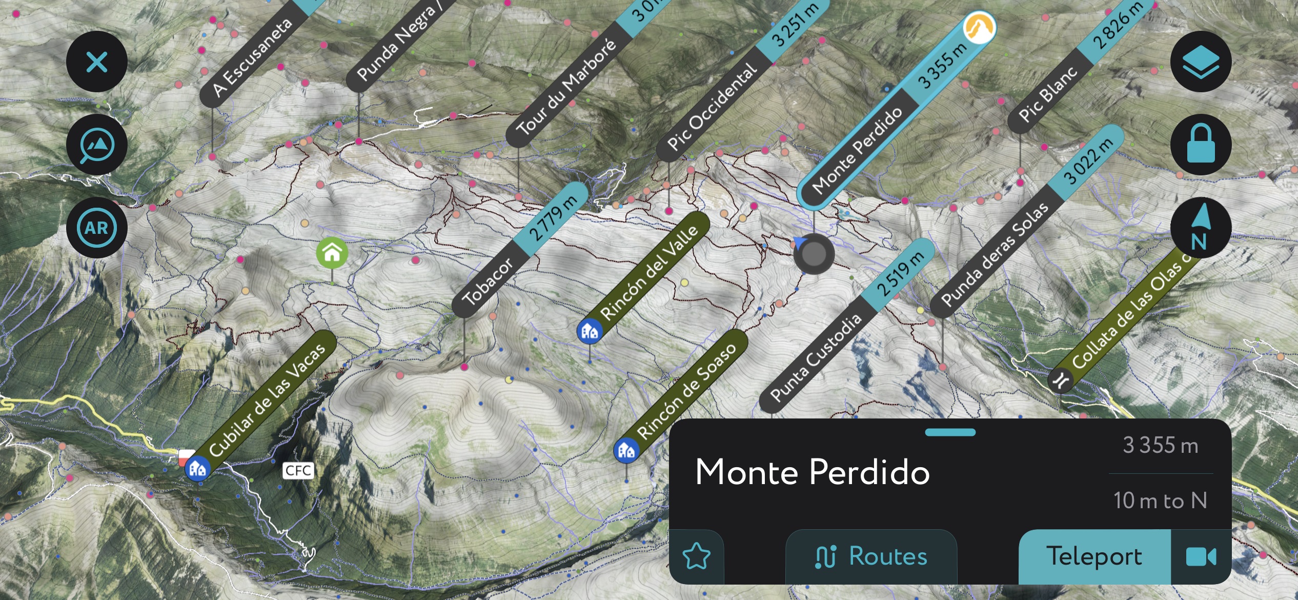 The PeakVisor mobile app’s 3D generation of the Monte Perdido. Aragon