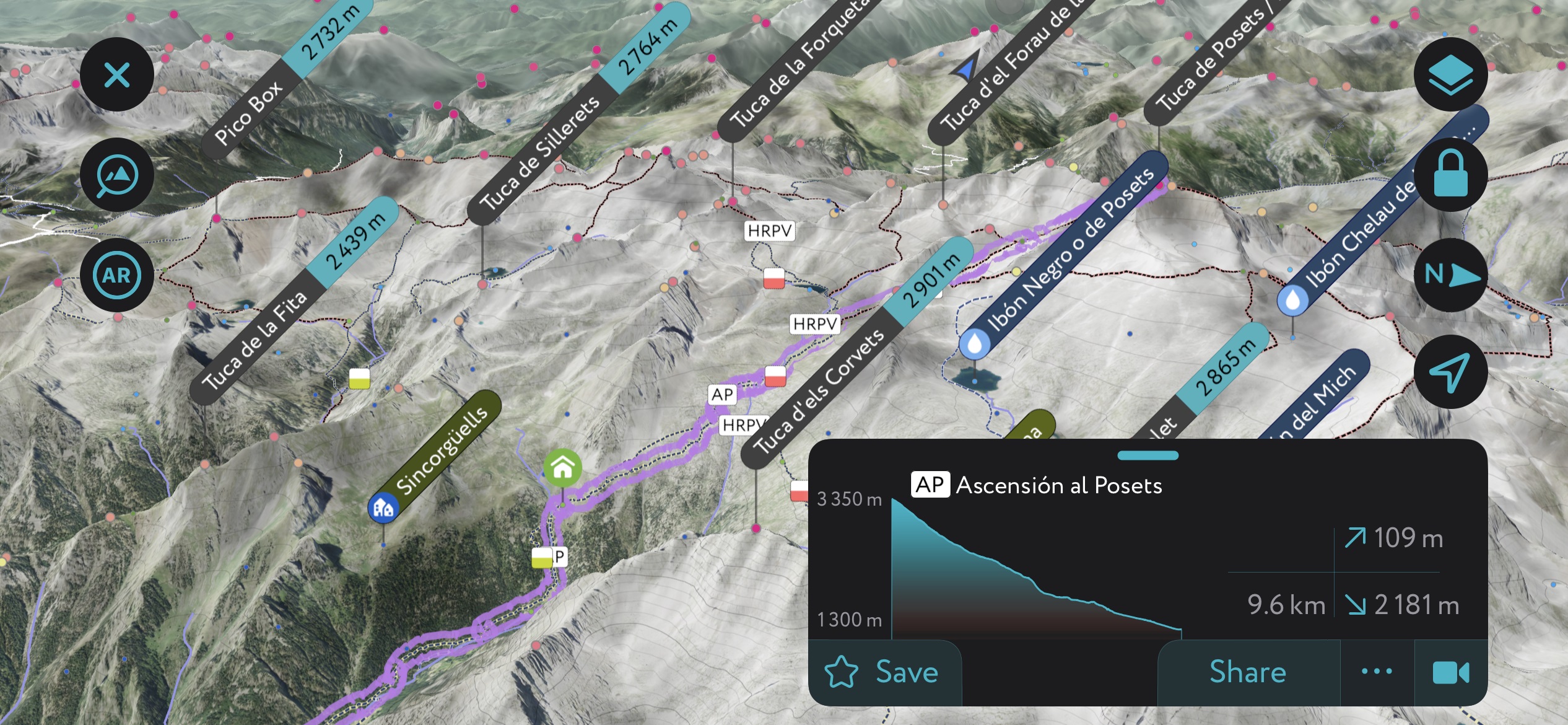 The PeakVisor mobile app’s 3D generation of the Posets climbing route. Aragon
